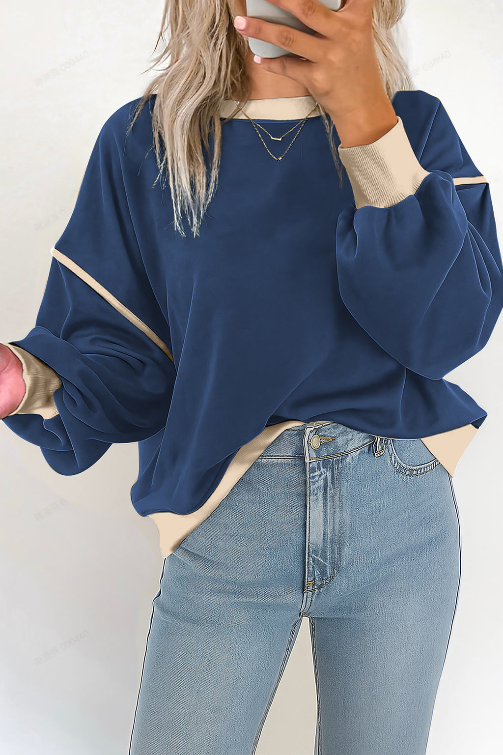 Navy Blue  Drop Shoulder Sweatshirt with yellow trim