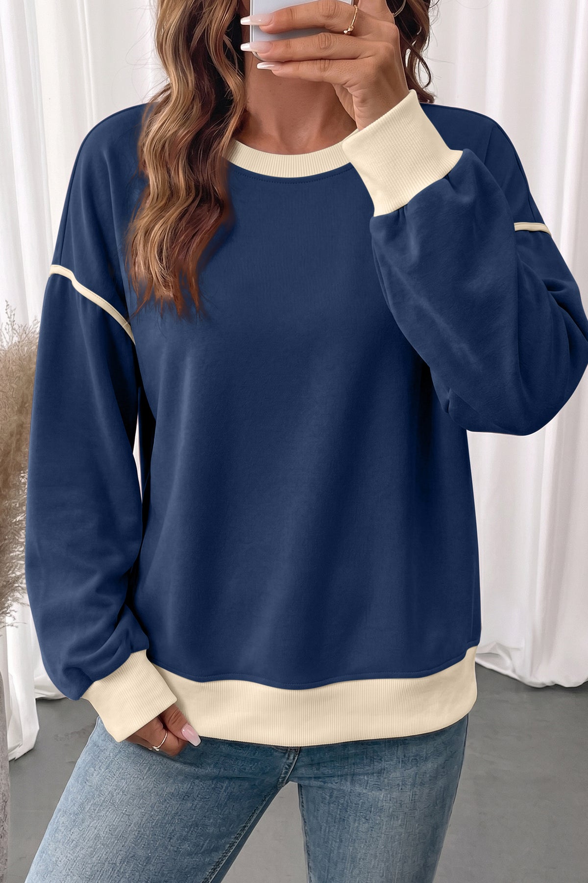 Navy Blue  Drop Shoulder Sweatshirt with yellow trim