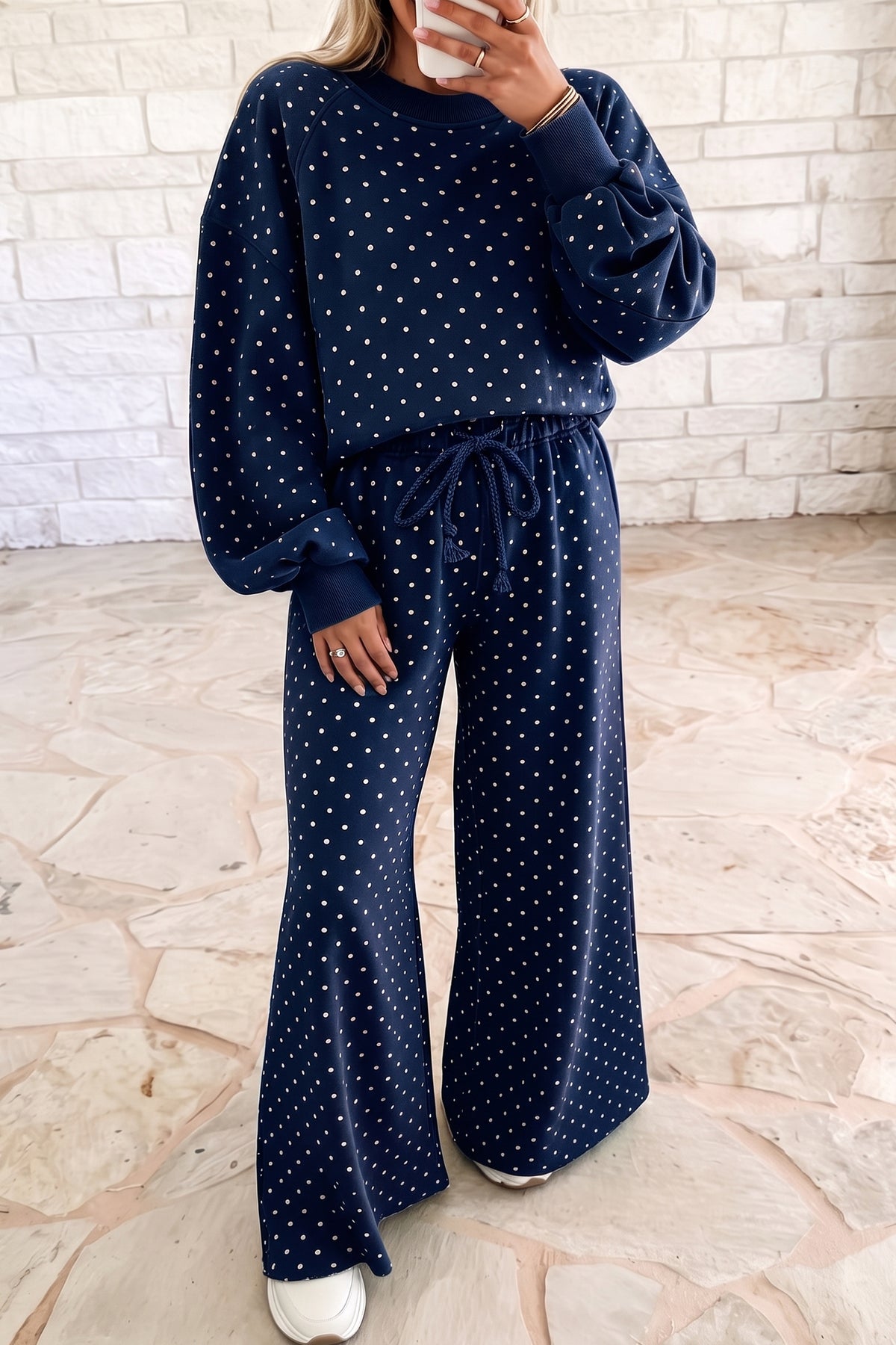 Polka Dot  Wide Leg Long Sleeve Set