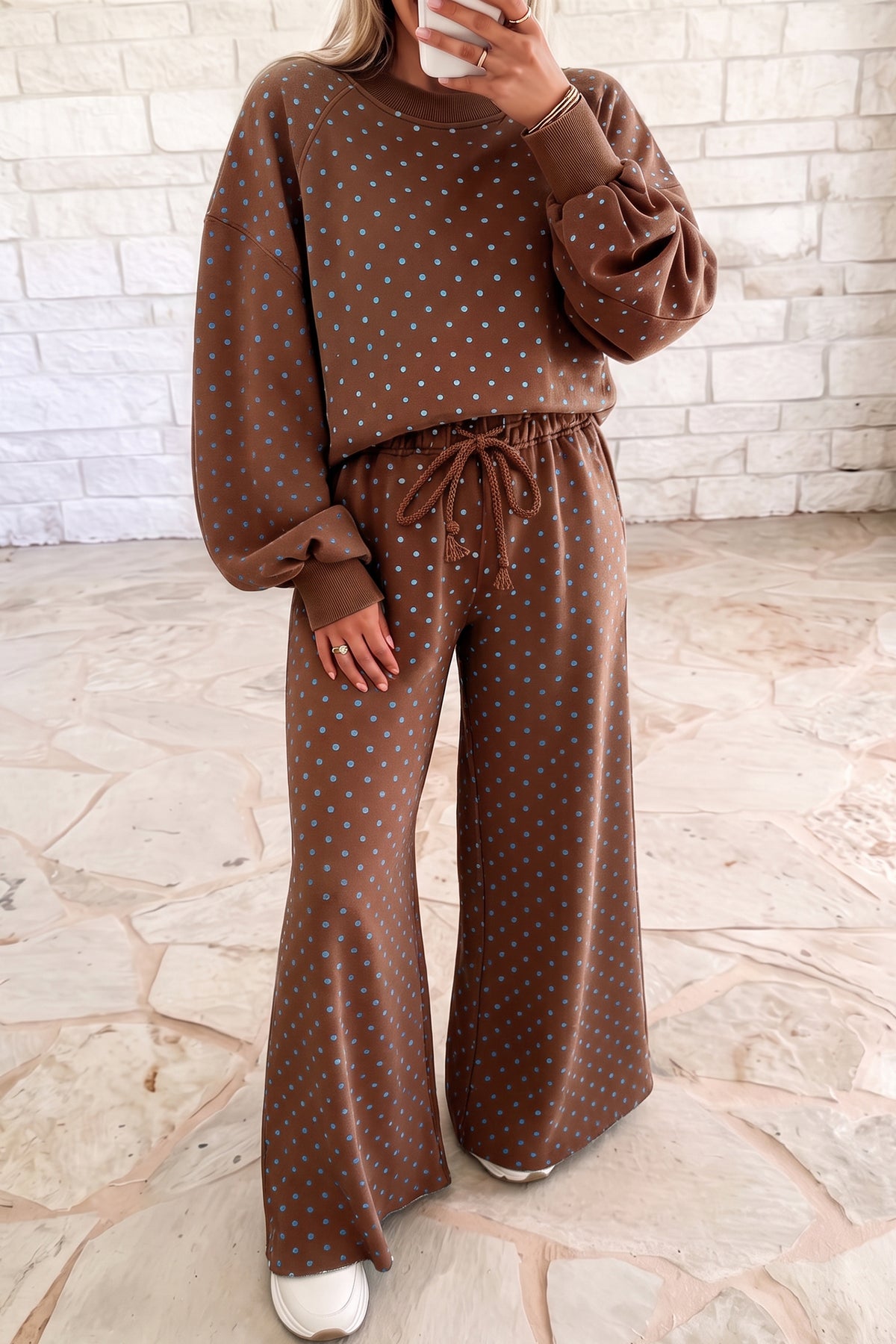 Polka Dot  Wide Leg Long Sleeve Set