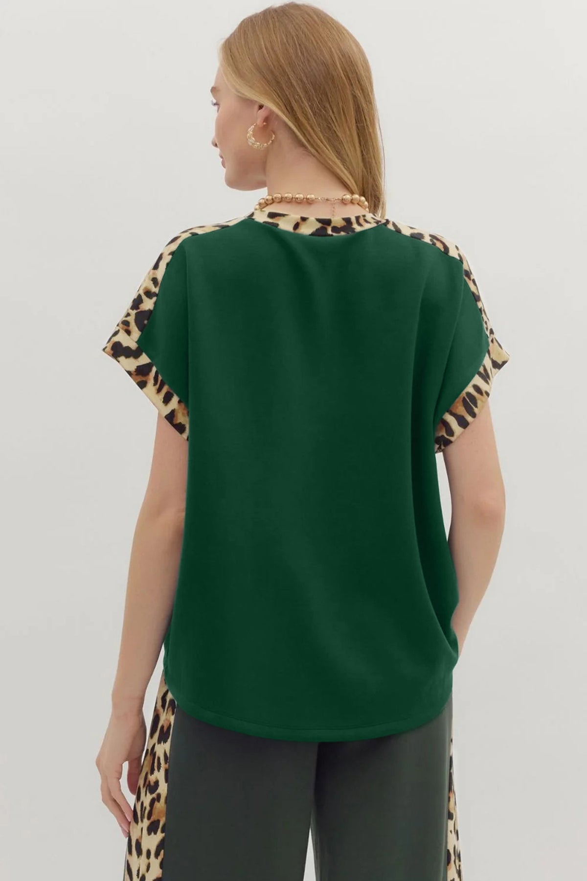 Colored Leopard Trim Round Neck  T Shirt