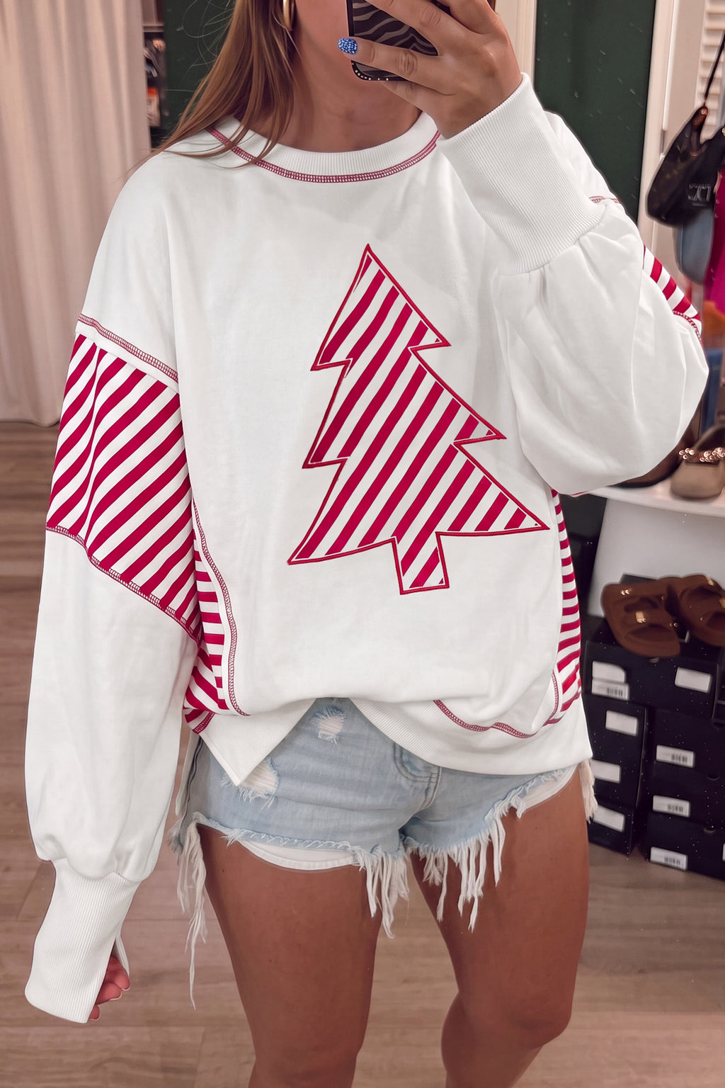 Christmas Tree Patchwork Puff Sleeve Top