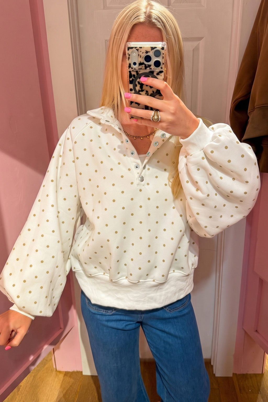 Pink Polka Dot Print Sweatshirt